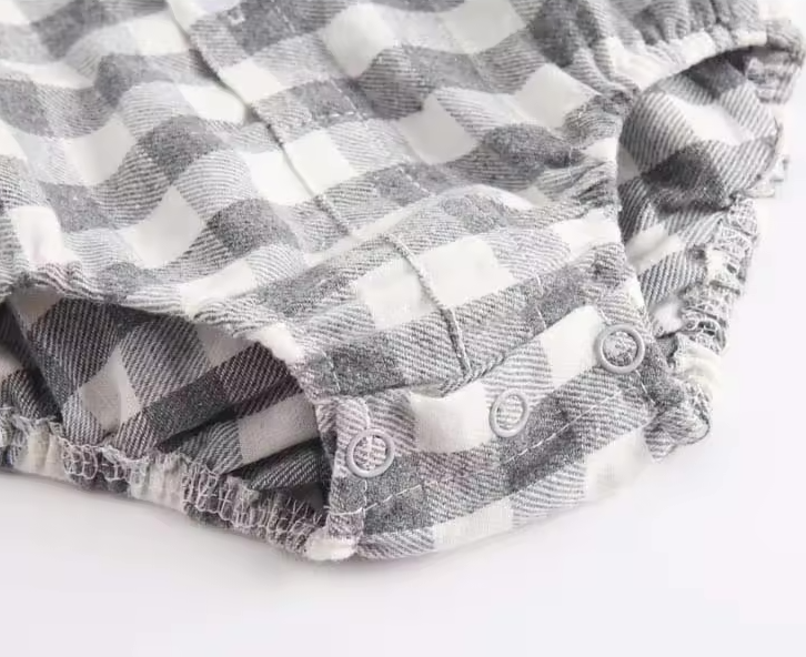 Grey Checkered Plaid Long Sleeve Western Romper