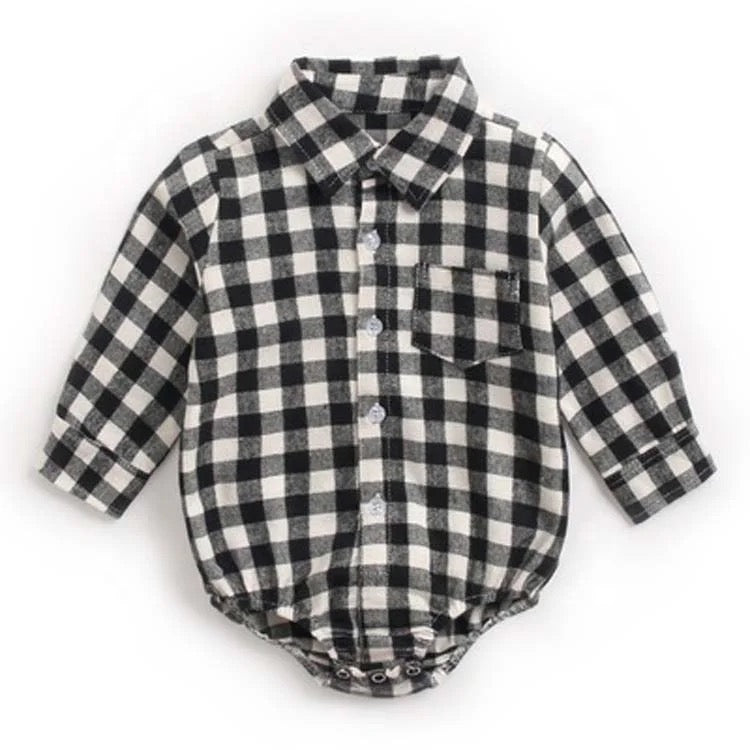 Black Checkered Plaid Long Sleeve Western Romper