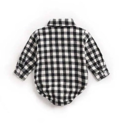 Black Checkered Plaid Long Sleeve Western Romper