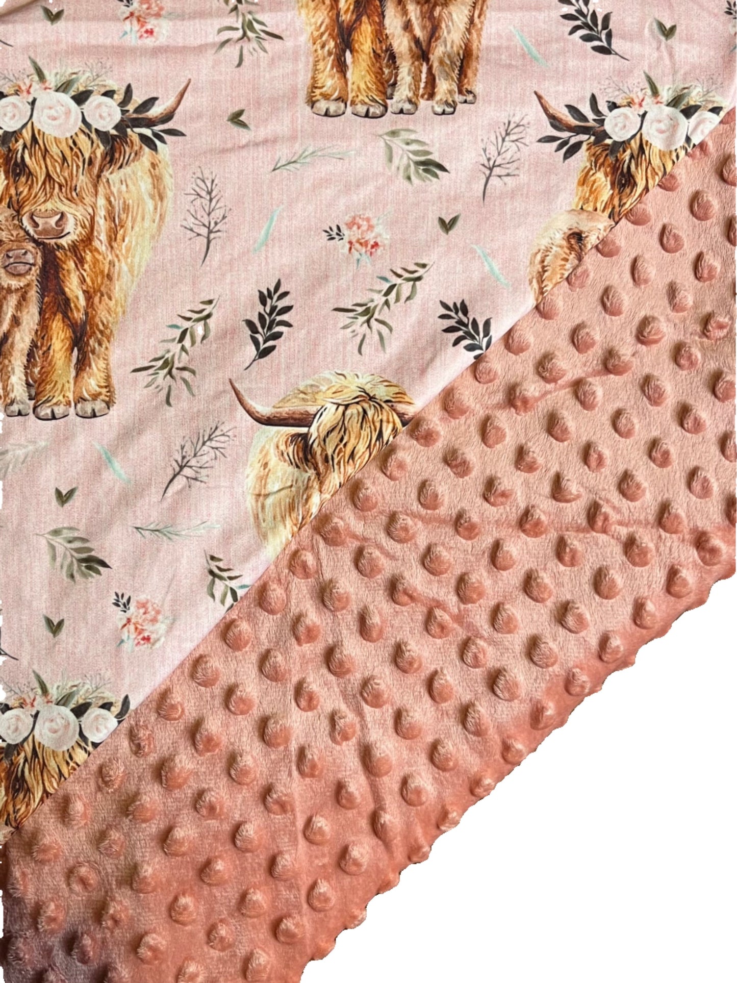 FLORAL COWGIRL HIGHLAND COW & CALF - Minky Western Baby Pram Blanket