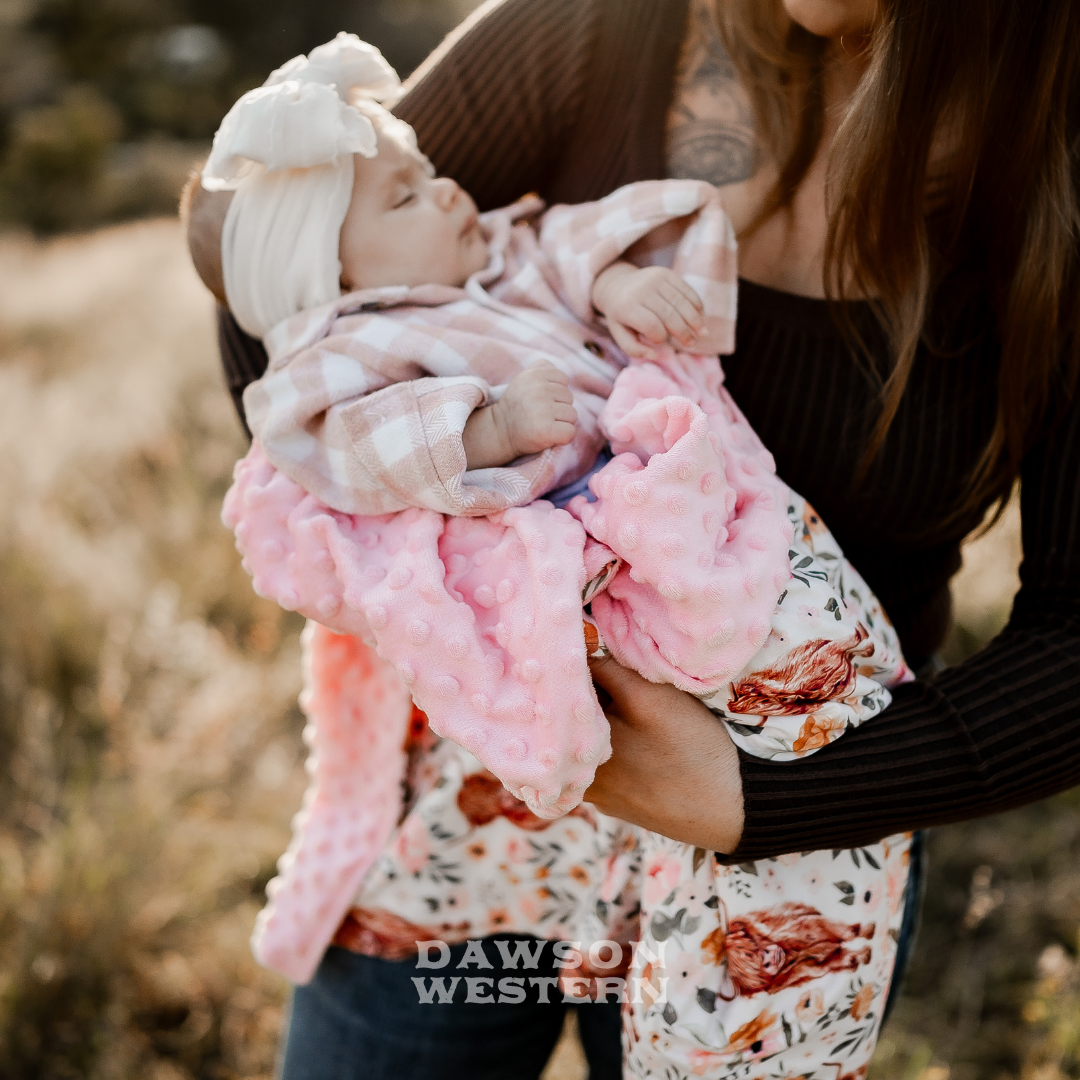 FLORAL COWGIRL HIGHLAND COW - Minky Western Baby Pram Blanket