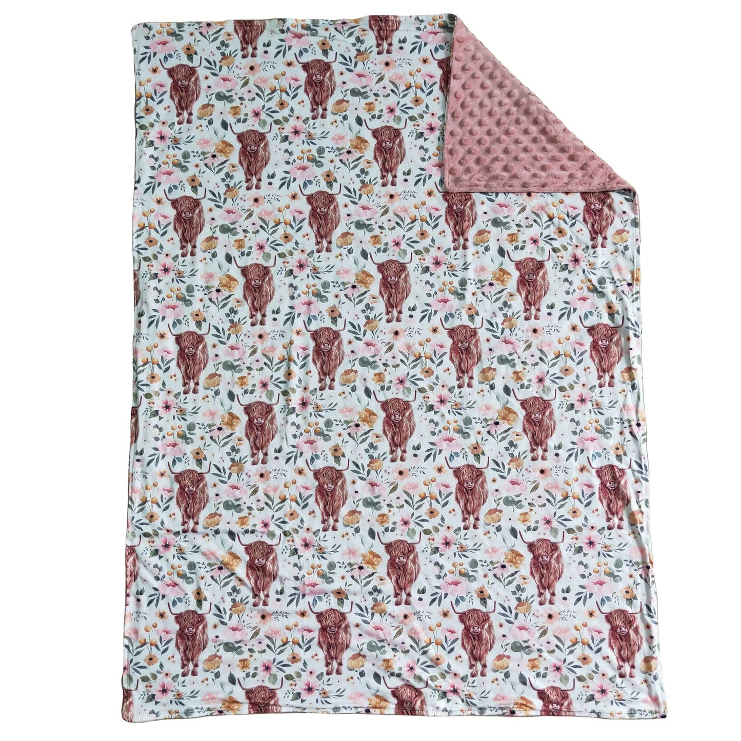 FLORAL COWGIRL HIGHLAND COW - Minky Western Baby Pram Blanket