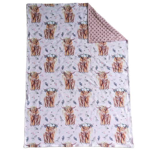 FLORAL COWGIRL HIGHLAND COW & CALF - Minky Western Baby Pram Blanket